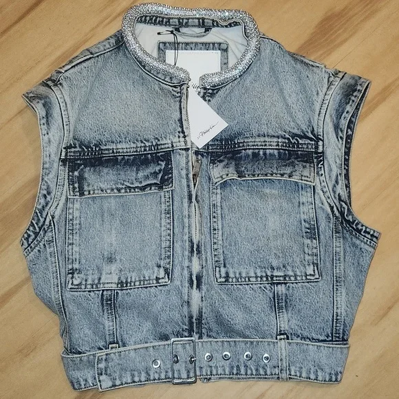 3.1 Pillip Lim Denim Vest with Crystal Necklace - Picture 6 of 8
